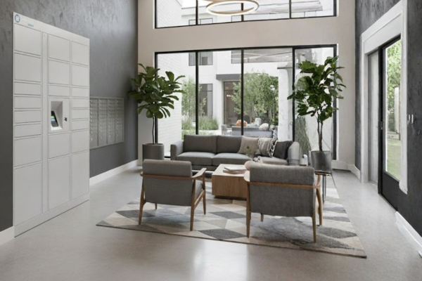 Smiota smart package locker in apartment lobby