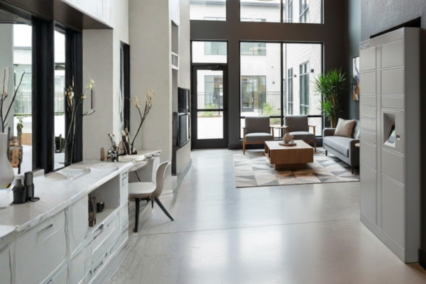 Smart parcel locker at multifamily apartment building